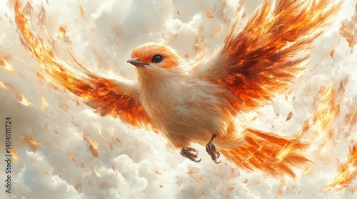 Fiery bird soars through clouds