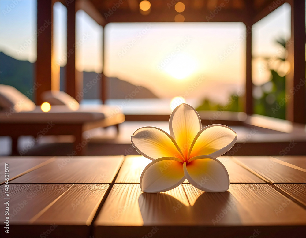 Frangipani Flower in Soft Spa Lighting with Massage Room Background, Aromatic Tropical Blossom Symbolizing Balinese Wellness, Relaxation and Holistic Therapy in a Peaceful Spa Environment