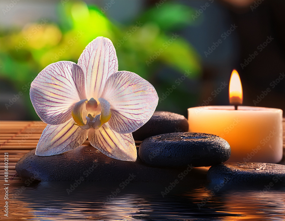Frangipani flower, hot stones and candle in soft spa lighting with massage room background, tropical ambiance symbolizing Balinese relaxation, holistic therapy and wellness in a peaceful setting