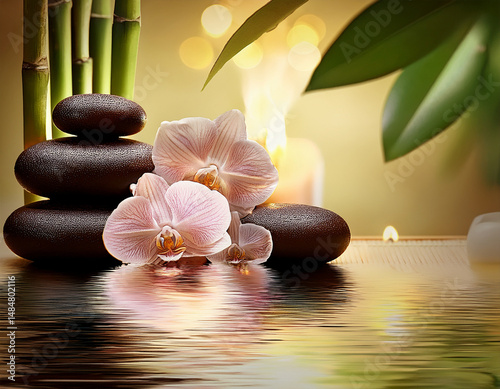 Obraz na płótnie Frangipani flower, hot stones and candle in soft spa lighting with massage room background, tropical ambiance symbolizing Balinese relaxation, holistic therapy and wellness in a peaceful setting w salonie