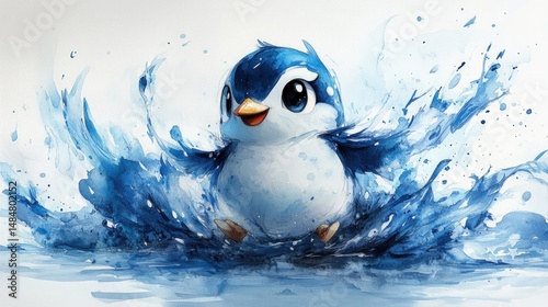 Cute penguin splashes playfully in water