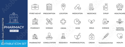 Pharmacy line Icon Set. Solid line icon collection.
