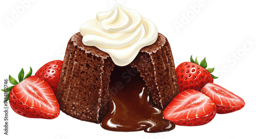 Delicious Chocolate Lava Cake with Cream and Strawberries Isolated
