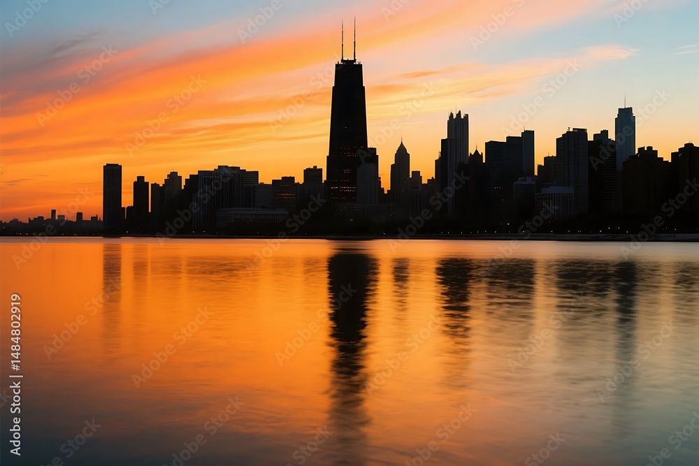 Obraz premium Stunning silhouette of the chicago skyline at sunset reflecting in calm waters with vibrant orange and blue hues