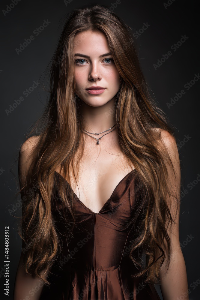 Naklejka premium Elegant Woman with Long Hair in Evening Dress is a premium-quality stock image ideal for use in lifestyle blogs, health content, promotional campaigns, and editorial publications.