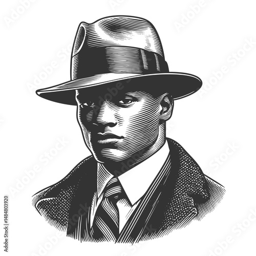 mysterious gangster in a pinstripe suit and fedora sketch engraving generative ai fictional character vector illustration. Scratch board imitation. Black and white image.