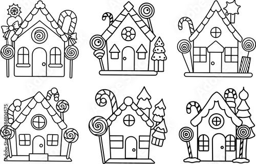 Set of Christmas gingerbread house black outline vector and illustration, coloring book page