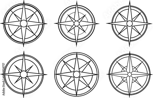 Set of compass black outline vector and illustration, coloring book page