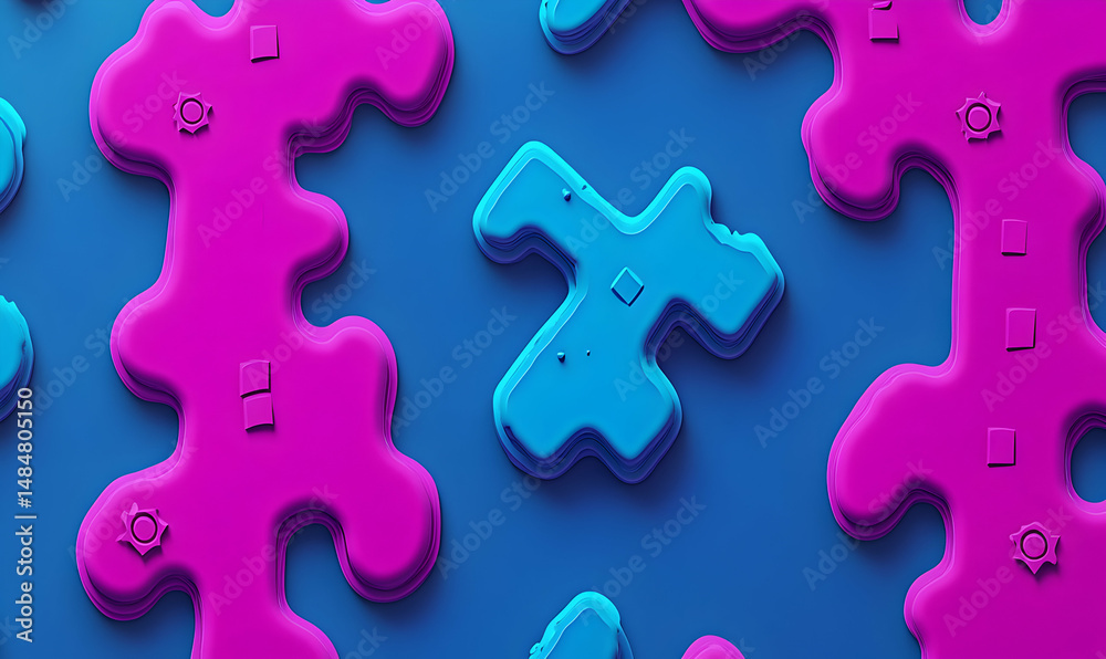 Obraz premium Abstract 3D render of vibrant pink and blue organic shapes on a bold blue background. Ideal for modern design projects, websites, and presentations.