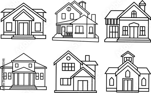 Set of beautiful house black outline vector and illustration, coloring book page