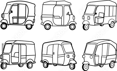 Set of auto rickshaw black outline vector and illustration, coloring book page