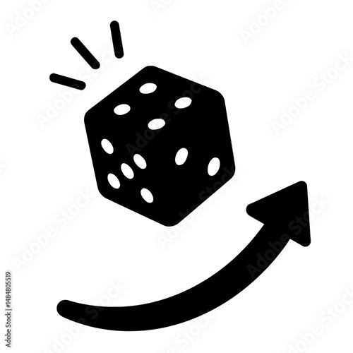 Rolling dice with arrow vector illustration for game design and gambling concept, black and white icon design