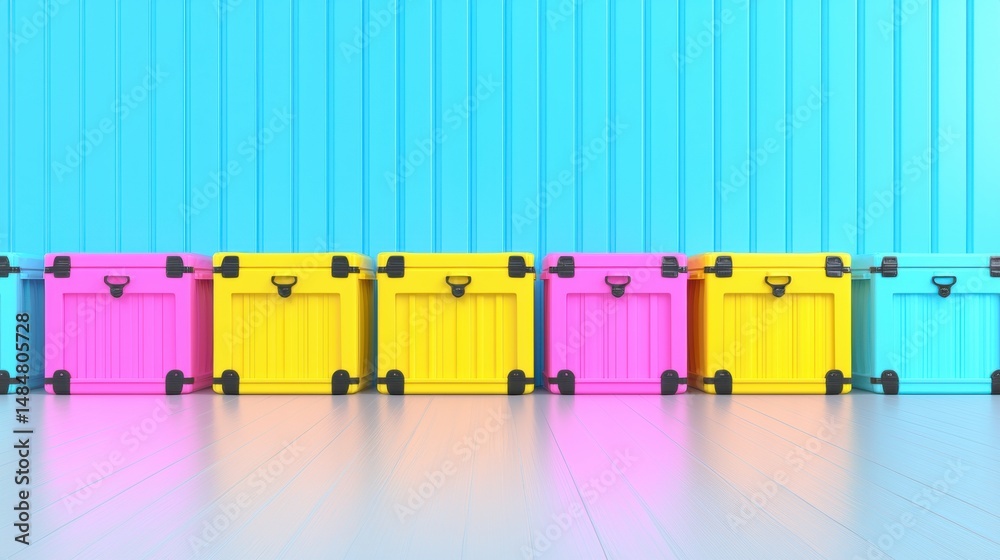 Obraz premium A row of colorful containers with black handles.