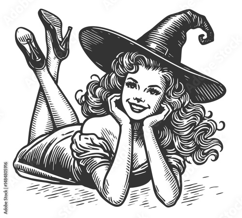 pin-up witch, lying playfully and smiling, wearing a classic pointed hat sketch engraving generative ai fictional character vector illustration. Scratch board imitation. Black and white image.