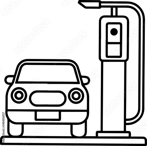 electric car charging station black outline vector and illustration, coloring book page