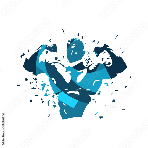 Bodybuilder posing, flexing muscles, abstract blue isolated vector silhouette, bodybuilding logo