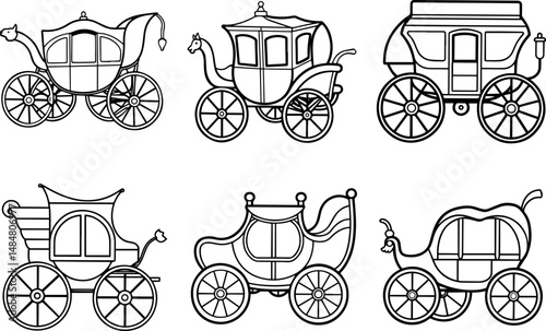 Set of fantasy carriage black outline vector and illustration, coloring book page
