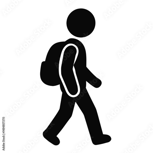 Stick figure walking with backpack icon vector illustration simple design for education and travel concept