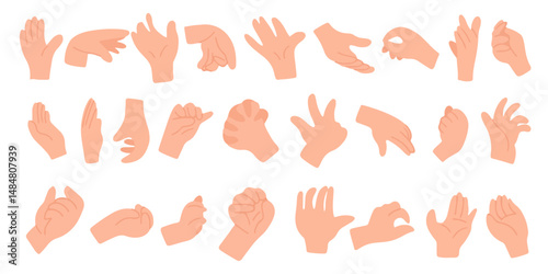 Set of cartoon hand different or variant hand poses,hand holding a spoon, hand holding a pen, various hands with different shapes. hand cartoon