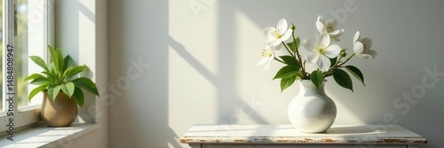 Wallpaper Mural White blossoms in simple vase on painted chest, sunny room , twig, flower Torontodigital.ca