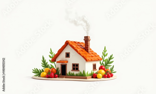 Cozy Cottage, Fresh Fruit, 3D Render - 3D Illustrations: The image .