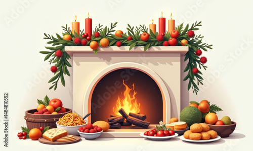 Cozy Fireplace with Festive Fruits & Candles - Cozy Home