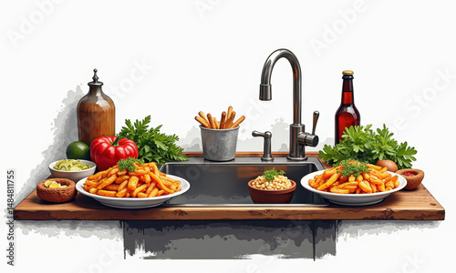 Delicious Fries & Kitchen Sink Still Life - Flat lay photography