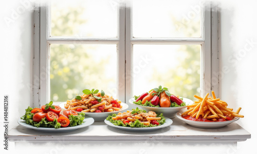 Delicious Pasta & Fries Windowsill Still Life - Bright and airy foo.