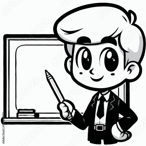Cartoon teacher with pencil at chalkboard