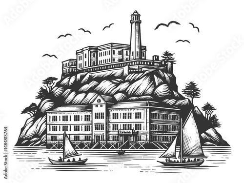 rocky island prison surrounded by water, featuring sailboats and seagulls sketch engraving generative ai vector illustration. Scratch board imitation. Black and white image.