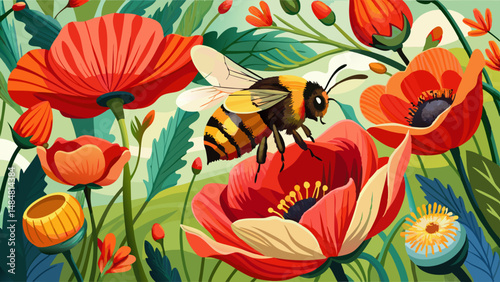 lowers and insects. Bumblebee (Latin: Bombus) pollinates red flowers poppy (Latin: Papaver). Bumblebee in flight close-up.