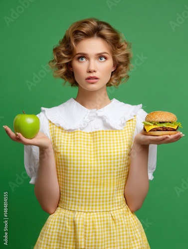 Young woman in vintage dress looking surprised with hands up, studio portrait, retro style, isolated background.