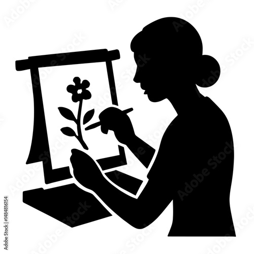 Woman drawing flower on canvas art illustration painting hobby artist creative design vector silhouette