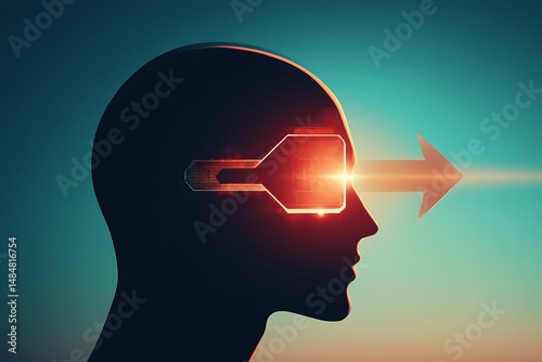 **Head Silhouette With Glowing Arrow Pointing Forward From Inside Leadership Vision Concept --Ar 3:2 --S 50 --V 6.1 --Raw** - @Darya (Relaxed)