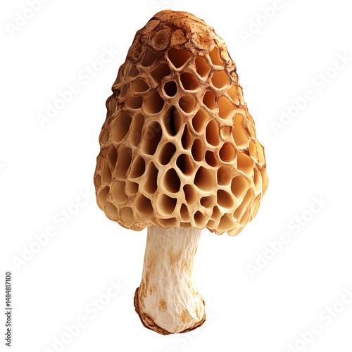 Closeup of a Morel Mushroom on a Transparent Background, a Delicious and SoughtAfter Wild Edible Fungus with Unique Honeycomb Texture photo