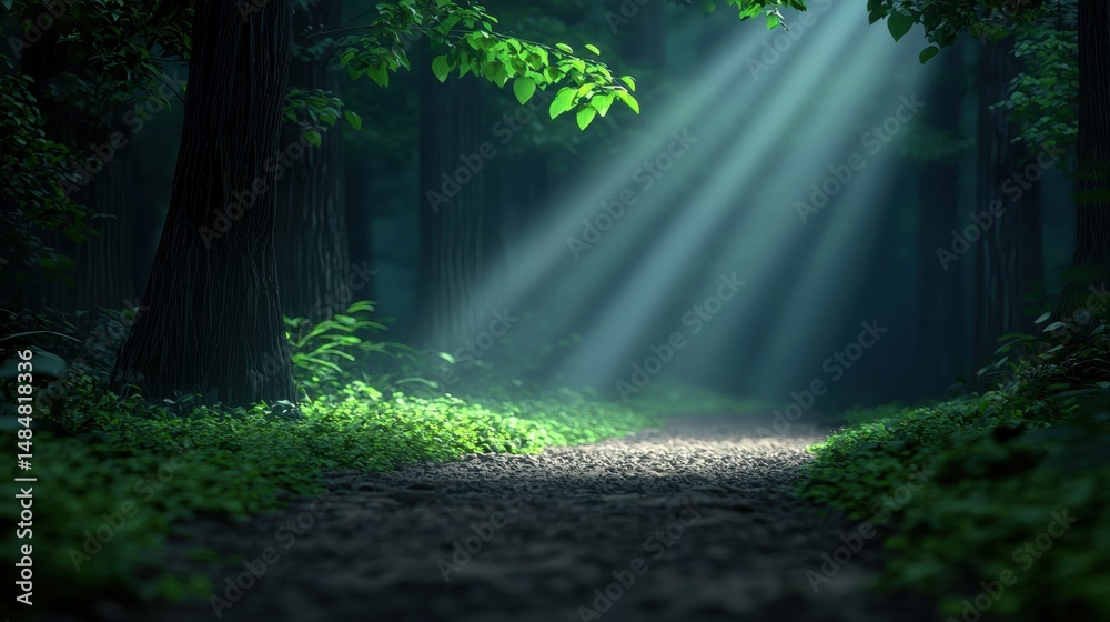 Fototapeta premium Soft cloud shadow covering a forest path, giving the scene a calm and shaded tone.