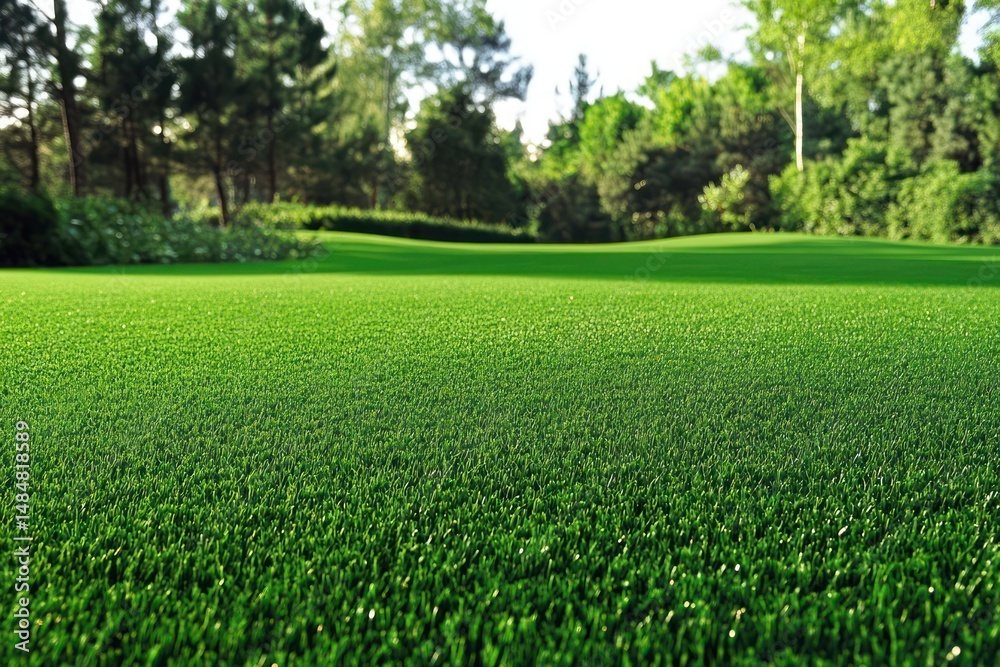 Fototapeta premium Lush green grass field with trees in natural landscape