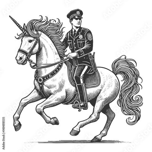 uniformed police officer riding a galloping unicorn, blending realism with fantasy in a humorous and imaginative artistic style sketch engraving generative ai vector. Scratch board. Black and white.