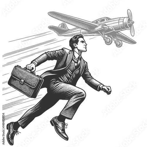 determined businessman sprinting with a briefcase toward a flying vintage propeller airplane sketch engraving generative ai vector illustration. Scratch board imitation. Black and white image.
