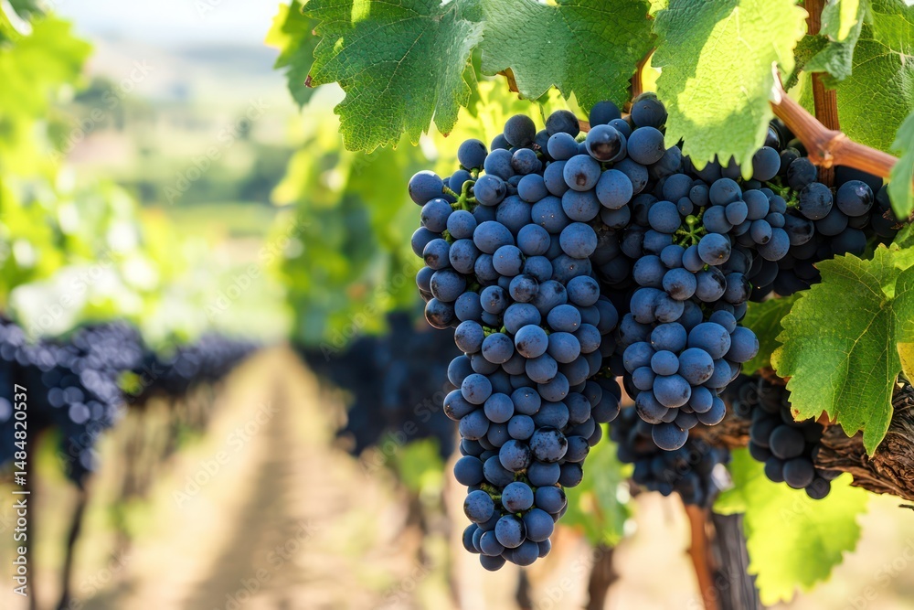 Fototapeta premium Bunches of dark grapes in scenic vineyard landscape with copy space