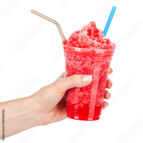 Handheld frozen red beverage with straws