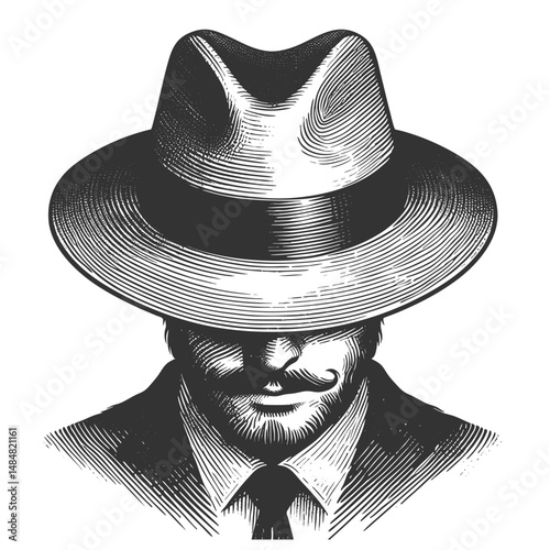 mysterious gangster in a pinstripe suit and fedora sketch engraving generative ai fictional character vector illustration. Scratch board imitation. Black and white image.