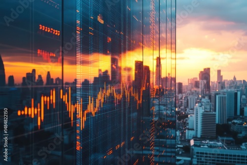 City skyline with stock market graph reflected on building at sunset