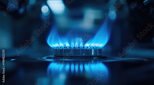 Vibrant blue gas flames burning on a stovetop