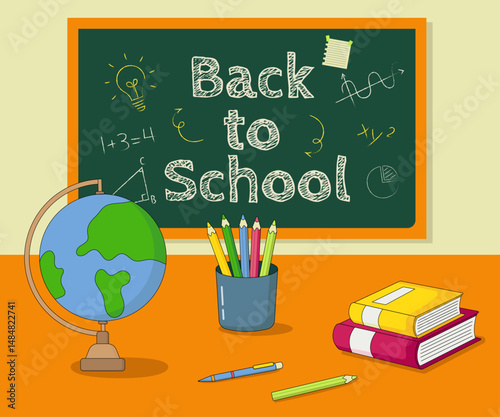 Back to school concept. Chalkboard with handwritten school notes and doodles, placed behind school desk. Desk is filled with colorful school supplies.