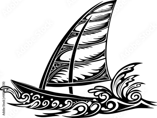 SVG vector representing eco-tourism in the ocean. Elegant sailboat silhouette navigating through stylized ocean waves