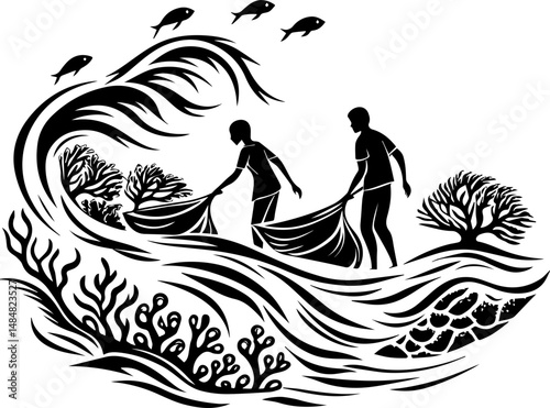 SVG vector representing eco-tourism in the ocean. Fishermen Gathering Catch in Stylized Black and White Artwork