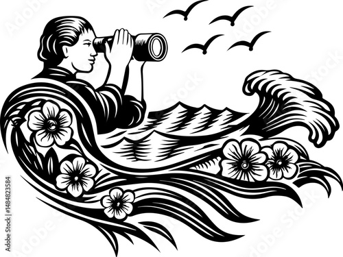 SVG vector representing eco-tourism in the ocean. Person with binoculars observing waves and birds in nature scene