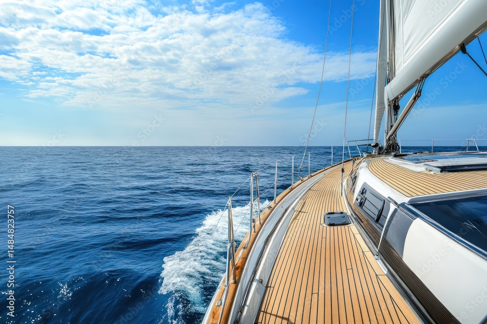 Obraz premium Sailboat alone on calm sea under sunny sky