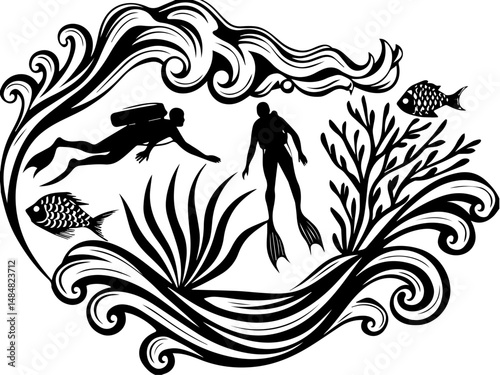 SVG vector representing eco-tourism in the ocean. Underwater Exploration with Divers, Fish, and Coral in Black Design